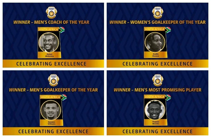 Congrats to Sundowns players & coach for dominating 2023 COSAFA:
-Men’s Most Promising Player-Maseko
-Women’s Goalie of  Year-Andile Dlamini
-Men’s Goalkeeper Of Year-Ronwen Williams
-Men's Coach Of Year-Rulani Mokwena
#COSAFAAwards2023 #Sundowns #DStvPrem #COSAFA #SundownsLadies