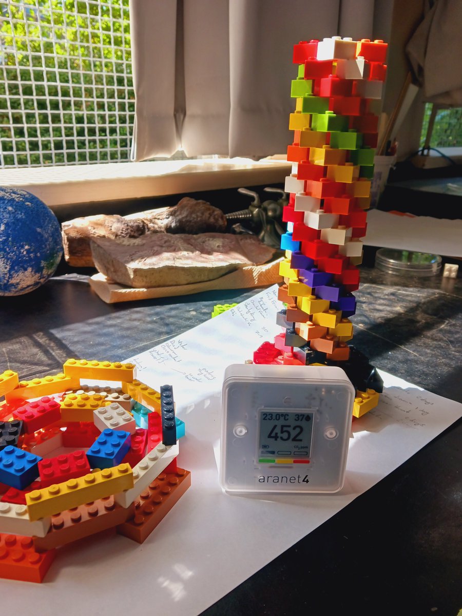 having lego in a class helps #bced students build microtubules during a biology lecture . #CleanAir  452 ppm #CO2 levels from #ventilation open windows are great for cognitive function #aranet4