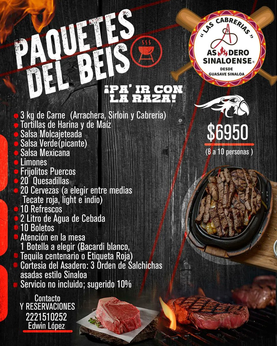 ¡Que se arme la carnita asada para celebrar el día de las madres! 🥩 Plan perfecto, disfruta de una comida deliciosa y disfruta del rey de los deportes en nuestra zona de bleachers con Asadero Sinaloense 'Las Cabrerías' 🔥 Reserva al 2221510252 con Edwin López. 🦜 #CaminoAlBi ✌🏻