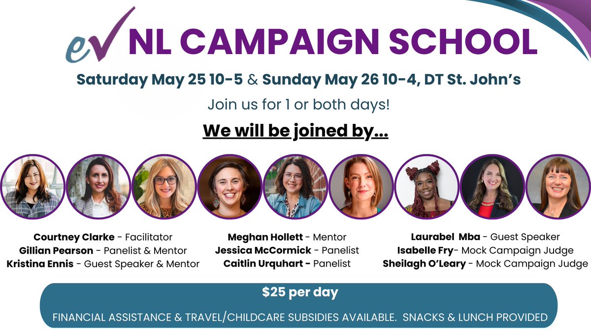 Want to learn more about municipal, provincial & federal campaign strategies? Whether you want to be a candidate, support someone behind the scenes or just learn more about elections, join us in DT St. John's on May 25 & 26! Learn more & register: equalvoice.ca/nlcs