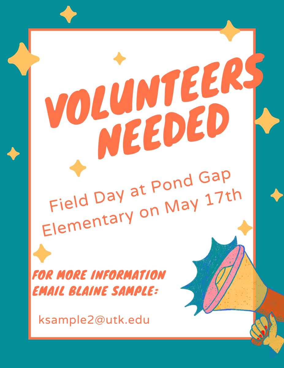 utk_uacs's tweet image. Volunteers Needed for Field Day @PondGapElementary on May 17th! Volunteers will help ensure students are using the equipment correctly, remaining in designated areas, and having fun! Email Blaine Sample if you are interested in more information: ksample2@utk.edu