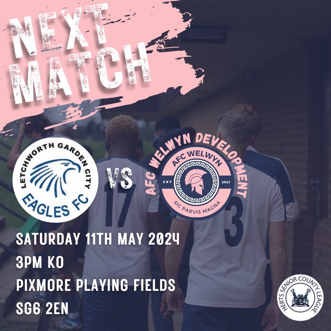 We play away against @LGCEaglesFC this weekend in our penultimate game of the season in the @hscfl ⚽️💙 🩷 📅 Saturday 11th May 2024 ⏰ 3pm KO 🗺️ SG6 2EN #afcwelwyn #afcwelwyndevelopment #uptheromans
