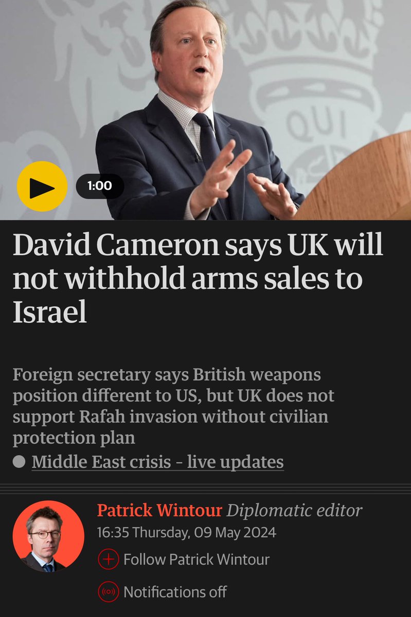 It’s not the quantity, it’s the principle! An alien concept it would seem. Cameron: “I think our defence exports to Israel are responsible for significantly less than 1% of their total.”