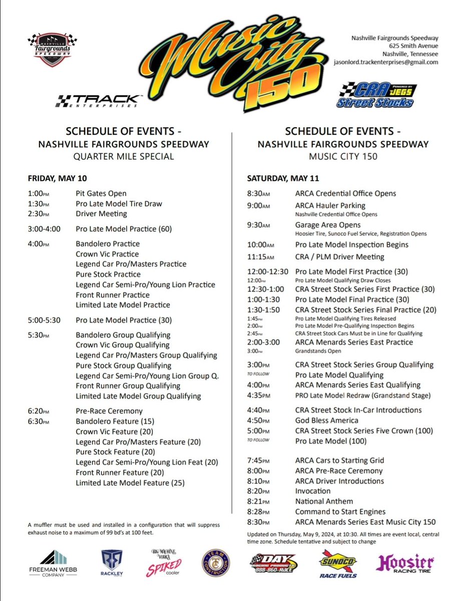 Here are the current schedules for this weekend's events at Owosso and Nashville. #CRARacing