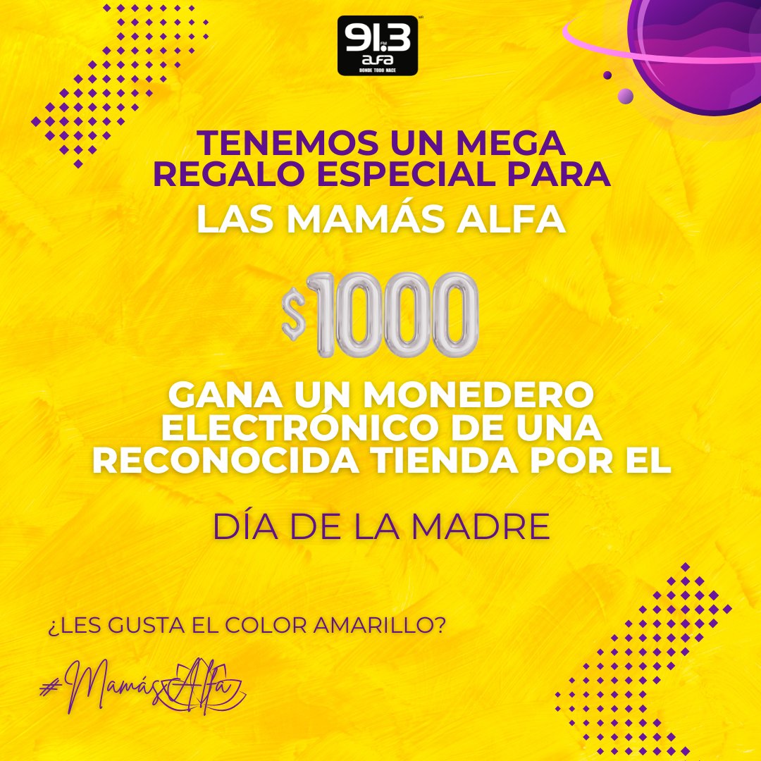 ¡Feliz día a todas nuestras #MamásAlfa! 🌹 Les tenemos un pequeño regalo que les podría gustar mucho, ¿saben de qué marca podría ser? 🤩💛 Manténgase al pendiente de la programación de Alfa 91.3 para saber cómo ganarse sus monederos electrónicos por el día de las madres. 💳💜