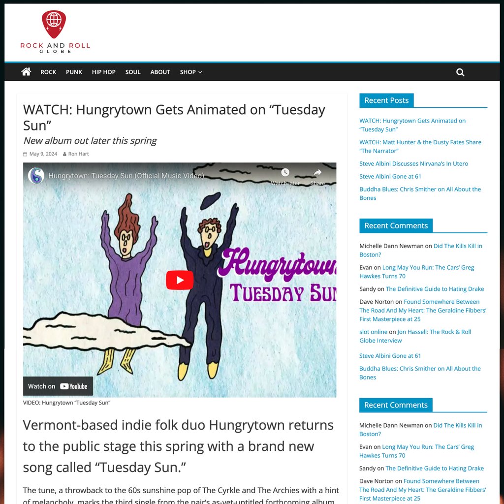Rock & Roll Globe presents the World Premiere of the Official Music Video for Hungrytown's new single 'Tuesday Sun' (out tomorrow)! See it and read all about the animated clip at R&RG now!
rockandrollglobe.com/pop/watch-hung…
#RockAndRollGlobe #Hungrytown #VideoPremiere #IndieFolk #IndiePop