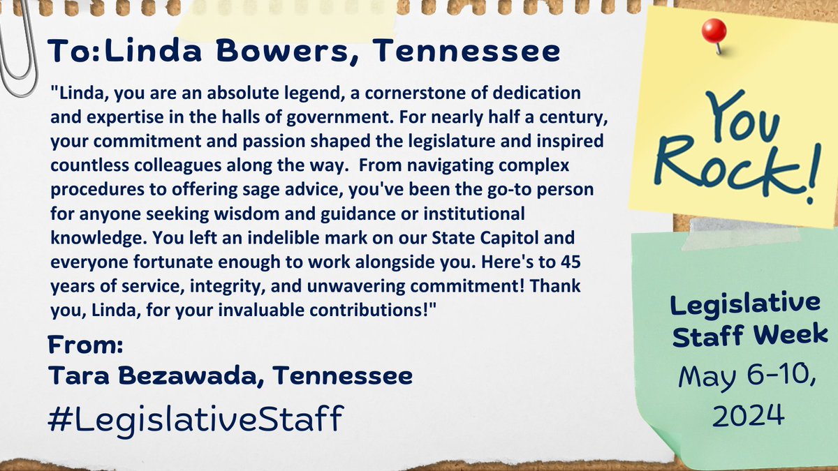 As part of NCSL's #LegislativeStaff Week, we are selecting a few 'shoutouts' to spotlight each day. Here's a shoutout for Linda Bowers in the Tennessee General Assembly!

Have someone in mind for a 'shoutout'? Submit yours today➡️ bit.ly/3wf0r2K #TNleg