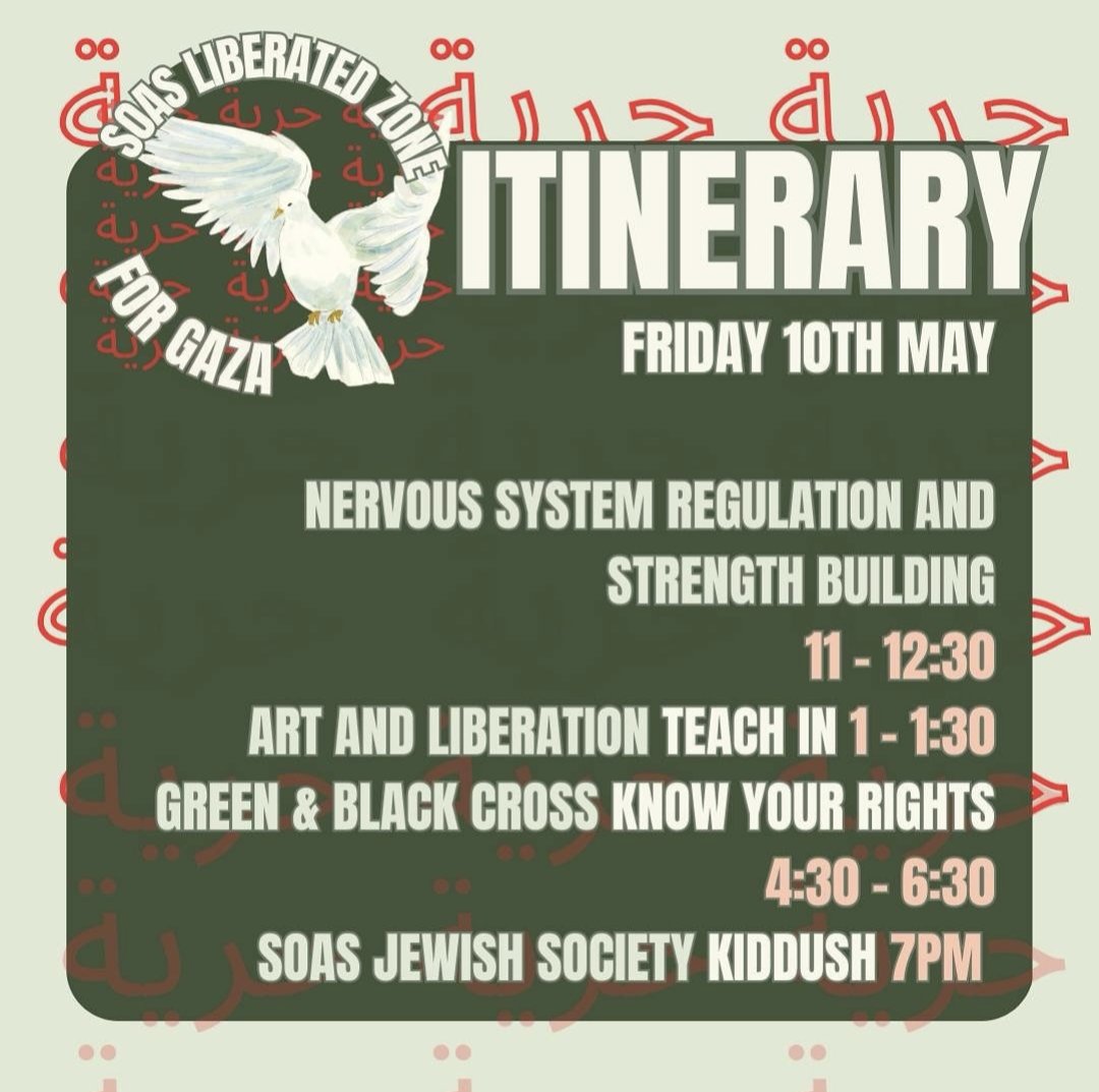 Tomorrow in the SOAS Liberated Zone for Gaza - strength, art, rights & our beautiful Jewish Society. Our students are making a better world from the ground up 🍉🫶