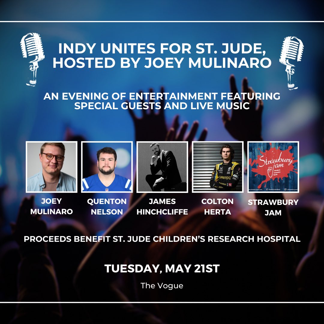 Convos with @Colts All Pro Quenton Nelson @BigQ56 @Hinchtown and @ColtonHerta. Live music. Can’t miss silent auction items. All to raise money for @StJude. Join us May 21st @TheVogue! 🎟️ thevogue.com/events/indy-un…