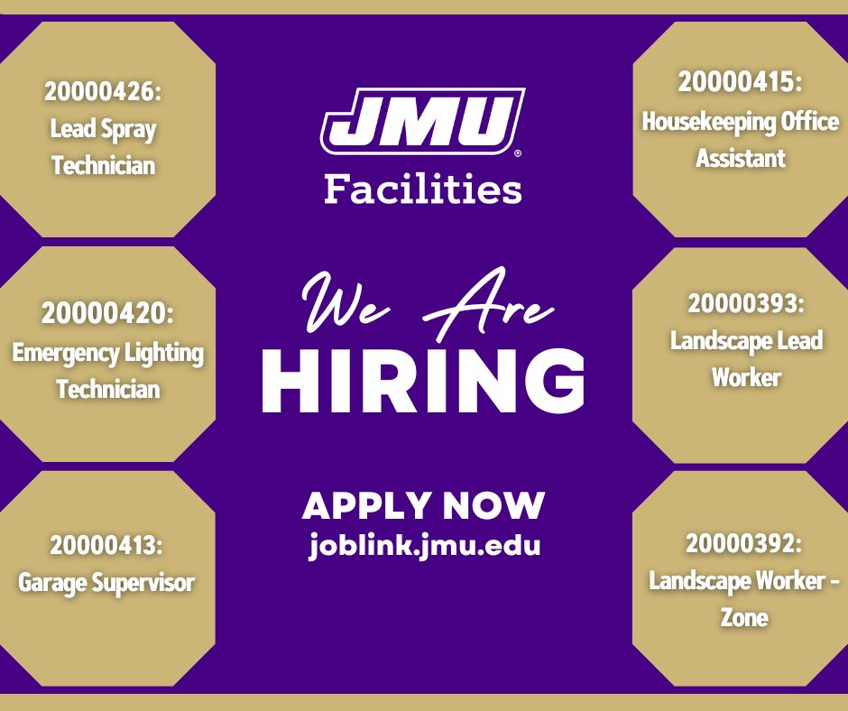 JMUJobs's tweet image. JMU Facilities Management is currently recruiting for several positions!
Browse these positions and more through referencing the below posting numbers on jobs.jmu.edu/home
#jamesmadisonuniversity #jmu #housekeepingjobs #landscapejobs #facilitiesmanagement