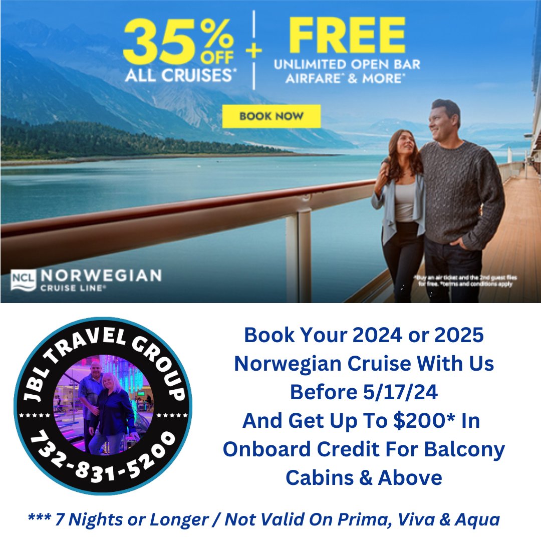 A #jbltravelgroup #exclusiveoffer when you book your #norwegiancruise for 2024 or 2025 before 5/17/24 Get up to $200 in onboard credit plus 35% off the cruise fare and all of the free at sea promotions. Call us today for complete details, availability & reservations