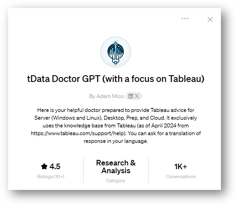 Excited to share that tData Doctor GPT has reached 1K+ chats with a 4.5/5 rating! 🚀 Thanks, #DataFam, for making us the top-rated Tableau-focused GPT! More to come! chatgpt.com/g/g-ca2aLVVsR-…