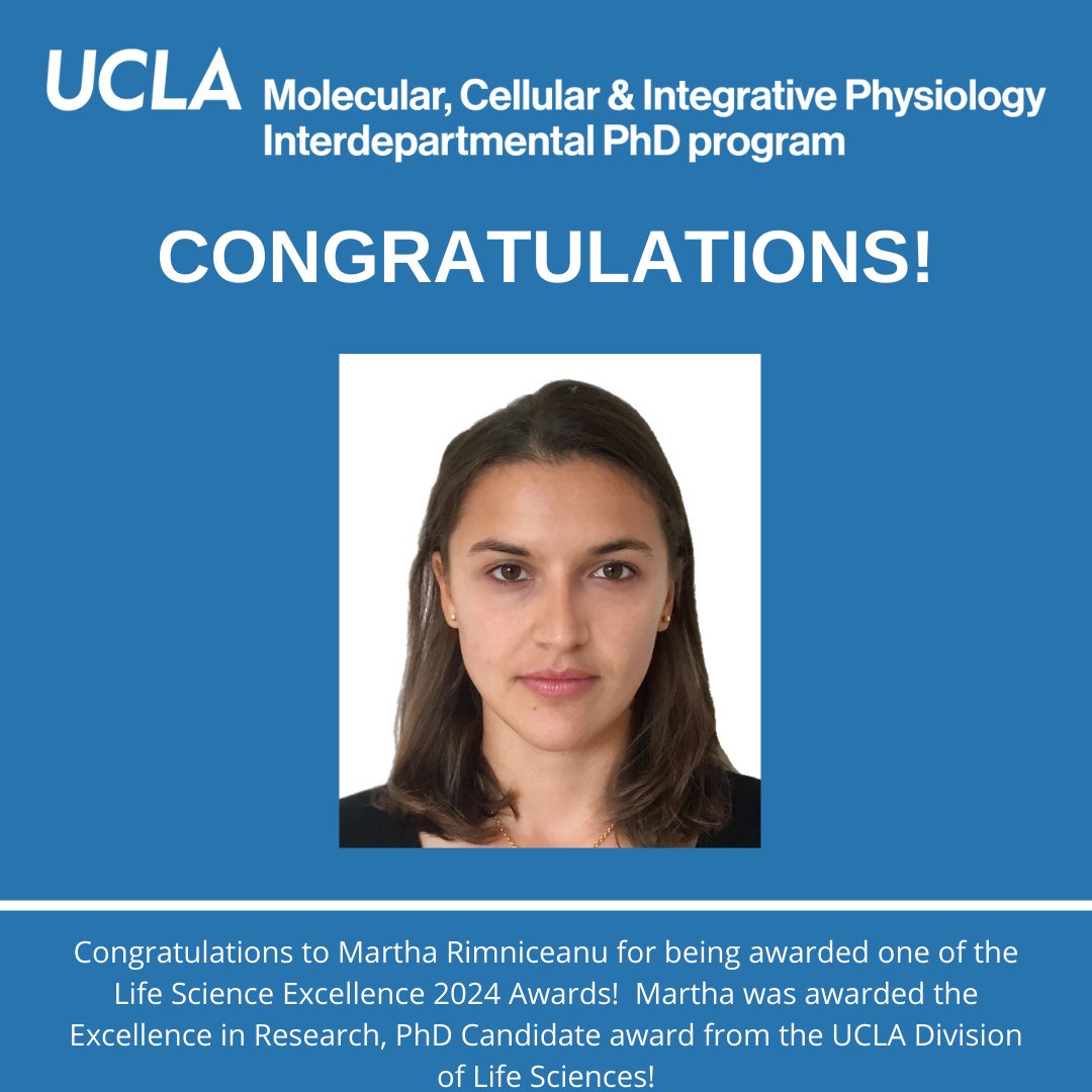uclamcip's tweet image. Congratulations to Martha Rimniceanu for being awarded one of the Life Science Excellence 2024 Awards! Martha was awarded the Excellence in Research, PhD Candidate award from the UCLA Division of Life Sciences! Well-deserved! #uclamcip #uclaibp
