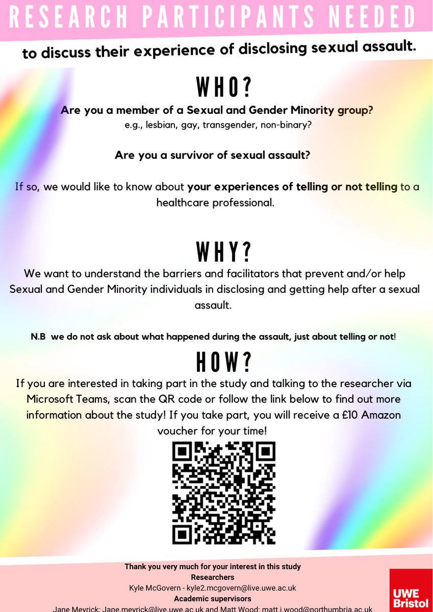 My research study is active! If you're •LGBTQ+ •18+ y/o •survivor of Sexual Assault (S/A) We'd like to heard about your experience of telling/not telling your S/A to a health professional! Scan/hold down the QR code or click the link if interested! qfreeaccountssjc1.az1.qualtrics.com/jfe/form/SV_d5…
