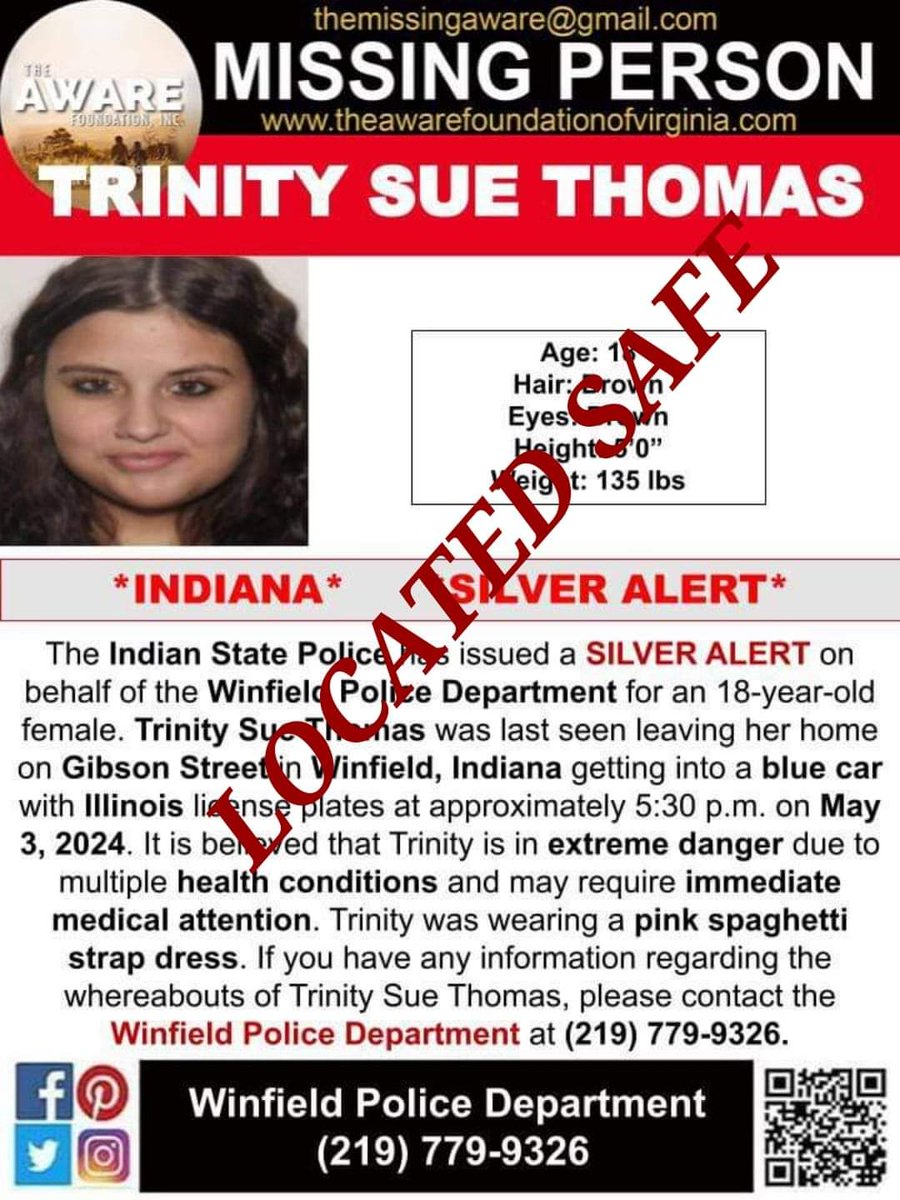 UPDATE: TRINITY has been located and is SAFE. Thanks again for your help. #TheAWAREFoundation