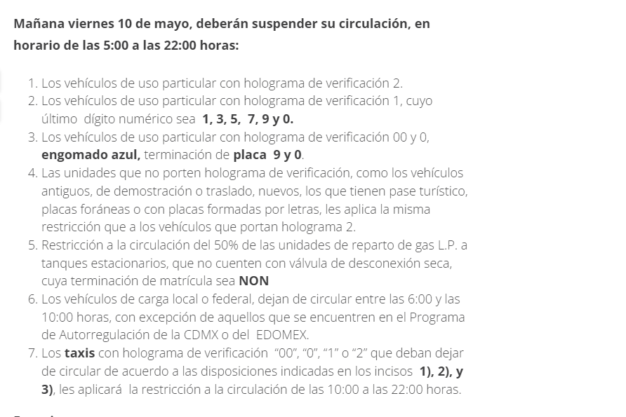 🧵Restricciones a la circulación para este 𝘃𝗶𝗲𝗿𝗻𝗲𝘀 𝟭𝟬 𝗱𝗲 𝗺𝗮𝘆𝗼 en la ZMVM⤵️