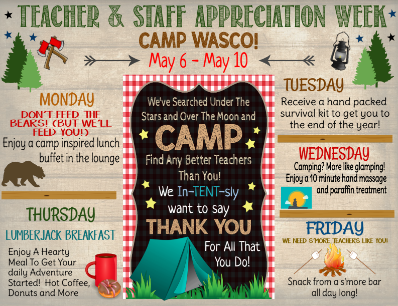 WascoD303's tweet photo. A huge THANK YOU to our amazing PTO for treating our staff to a one of a kind Teacher Appreciation week!  The classroom door decor, luncheon, survival kit, hand massages and breakfast were all much appreciated! 😍🏕️ https://t.co/M2fJegfJzH