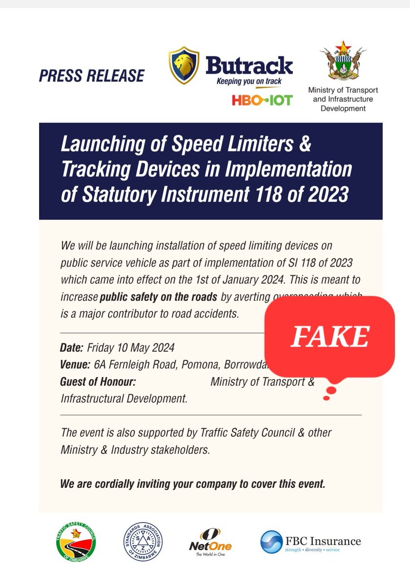#ScamAlert @MinistryofTID wishes to disregard a press release by Butrack alleging that the Ministry will officiate at its launch of speed limiters @nickmangwana @InfoMinZW