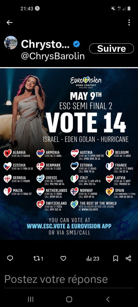 Tonight I support Israel against hatred 🇮🇱🇮🇱❤️🇮🇱🇮🇱👏👏🙏
#eurovision2024
#StandWithIsrael 🇮🇱🕯️🌹🙏