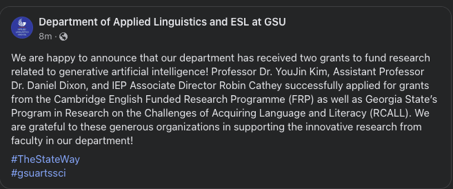 We received two grants to support our research on generative AI! It is great to be a part of the amazing and innovative Department of Applied Linguistics and ESL at GSU!
