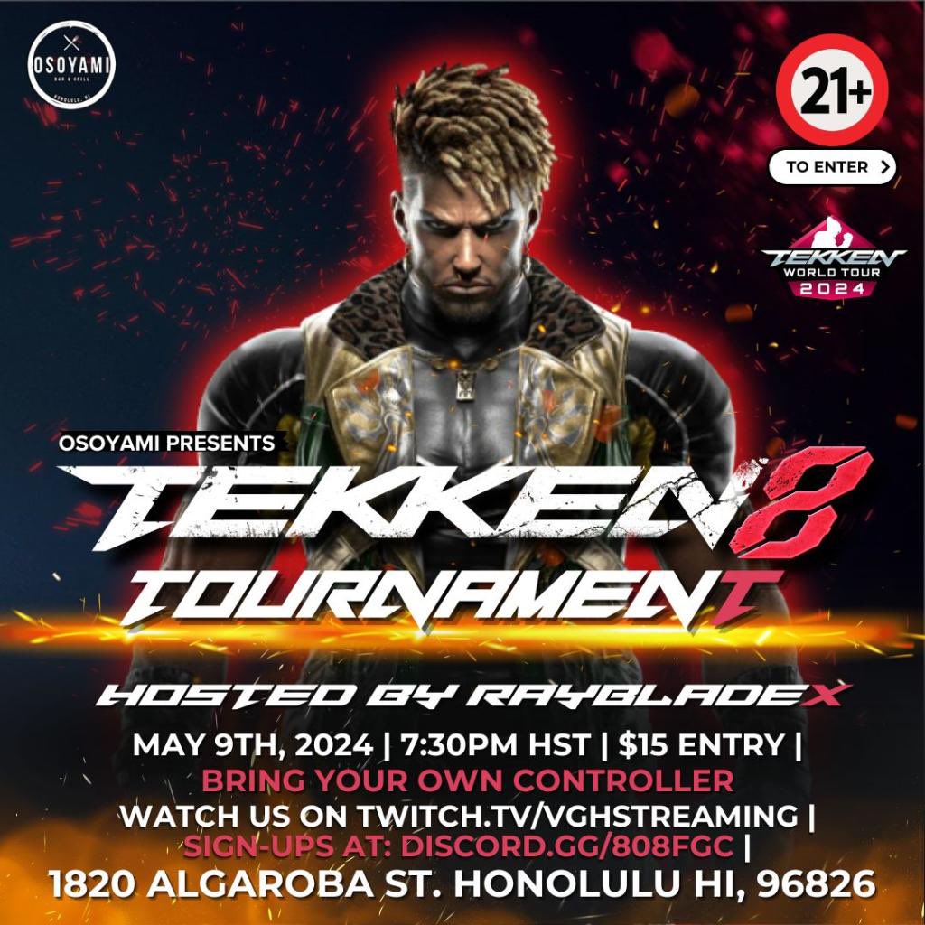 Tonight! Our monthly Tekken & TWT event will be at @osoyami808 - Doors open at 6pm, with the tournament starting at 7:30pm. This is a 21 and over event, but you can play casual games until 9pm (if setups are available). Stream over at twitch.tv/vghstreaming by @VGH808 #808fgc