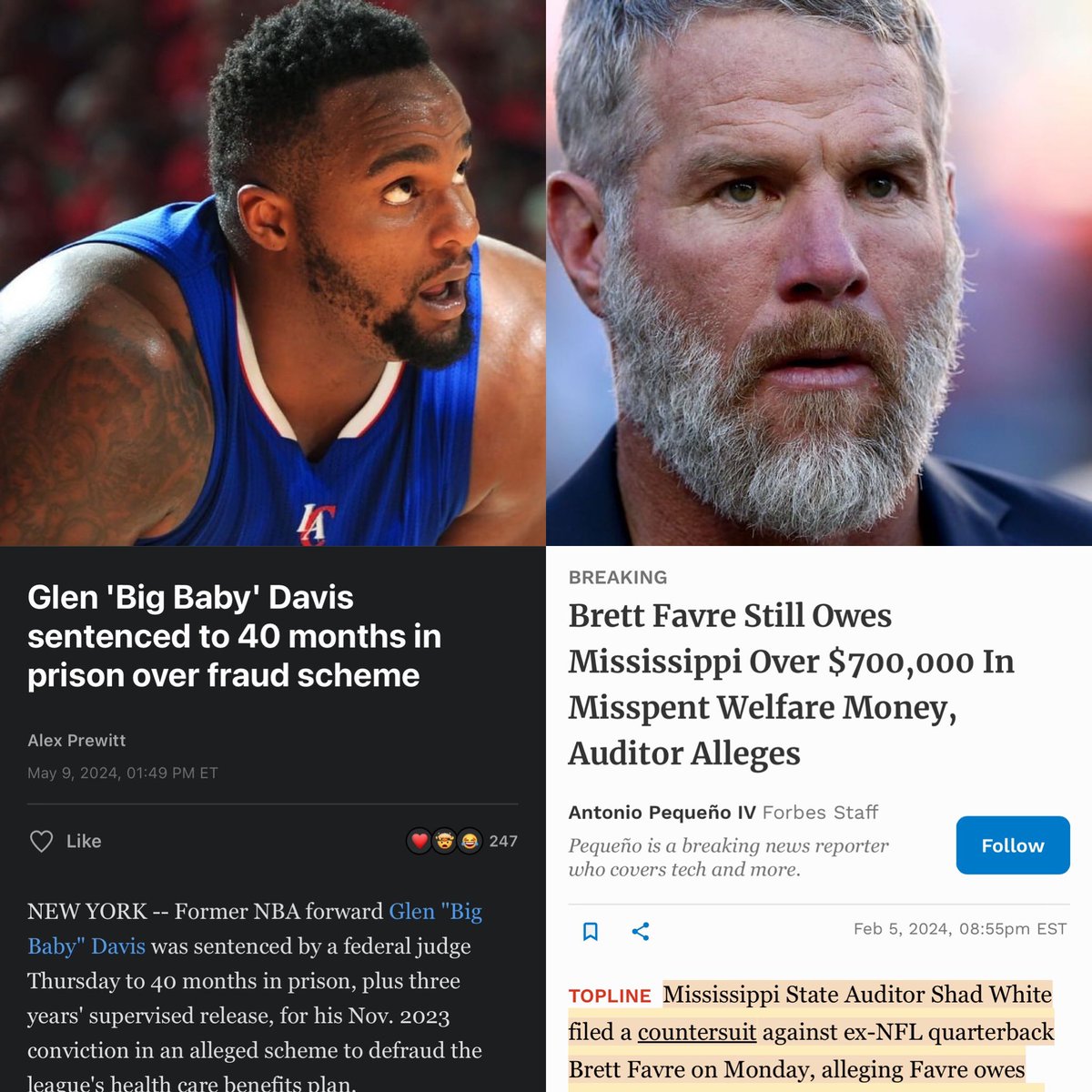 Big Baby just got 40 months in prison for frauding the NBA out of 80k in medical benefits.  Brett Favre frauded Mississippi welfare recipients out of 700,000 and he hasn’t been charged.  Both got caught around the same time.