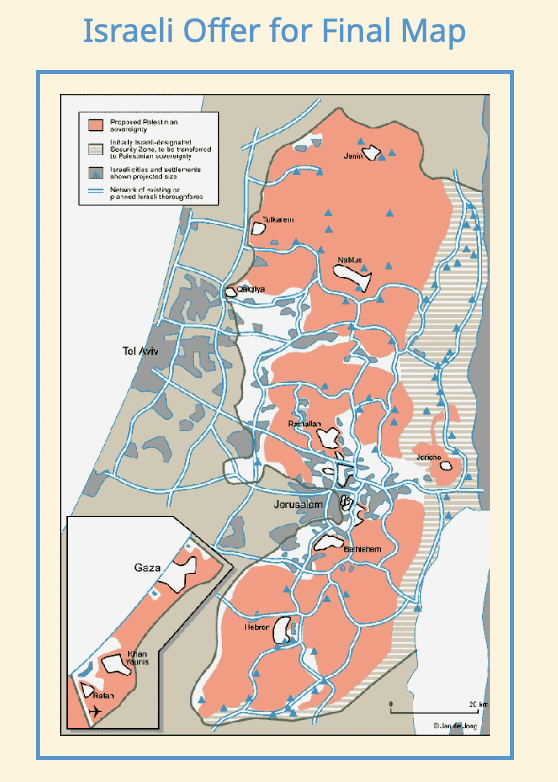 There were three main issues on the table during Camp David: right of return, status of East Jerusalem, and territory. Here is the map that was rejected by Arafat: 22% of Mandate Palestine cut up into 4 non-contiguous zones. The 96% figure is one of the 21st century's great lies.