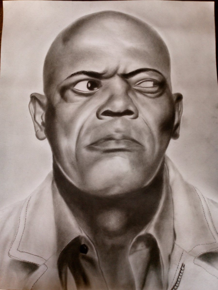 My hand drawn pencil portrait.
A portrait i did in 2023 for  @SamuelLJackson 
Size: 12by16 inches 
Medium: Charcoal and graphite pencils on white paper.
Aim/objective: I tried to capture Fear and Furry on one–face. 

I pray 🙏 he will see it One day.