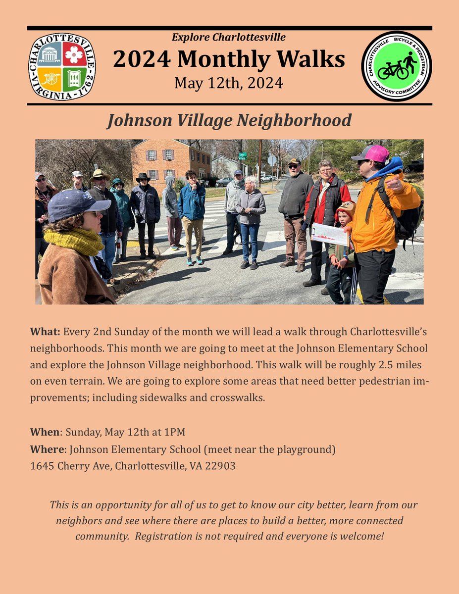 The Bike & Pedestrian Advisory Committee's monthly community walk is THIS Sunday, May 12th at 1 PM! This month, we’re taking a stroll through Johnson Village. This walk is about 2.5 miles on even terrain, but please feel free to come and go as you please!