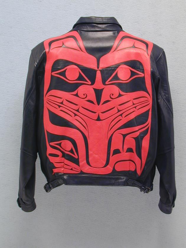 Circa 1995 leather jacket with bear design on back by Haida fashion designer Dorothy Grant. Via Seattle Art Museum. #alaskahistory #alaska