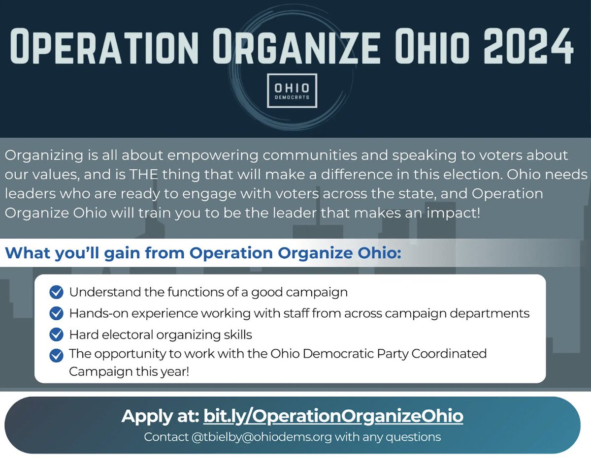 Ever wanted to work in politics but don’t know where to start? Operation Organize Ohio is a paid opportunity with the @OHDems to learn what it takes to win elections and connect you directly with campaign jobs. Apply below!⬇️ bit.ly/operationorgan…