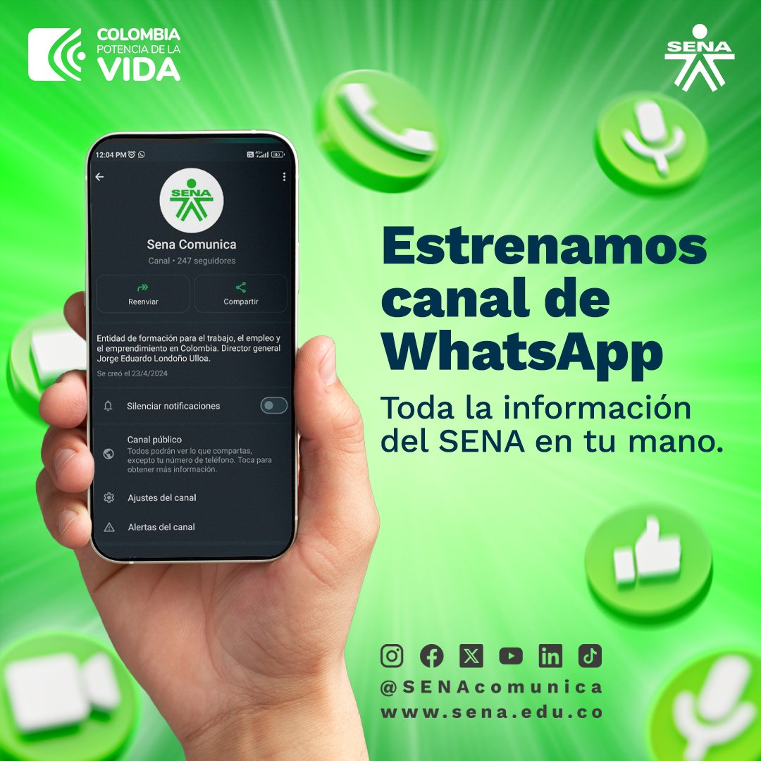 ¡La entidad preferida por los colombianos, ahora en tu WhatsApp 💬! Conoce el nuevo canal de difusión que tenemos con toda la actualidad del SENA aquí 👇🏼👇🏼whatsapp.com/channel/0029Va… #SENAEnWhatsApp 💚