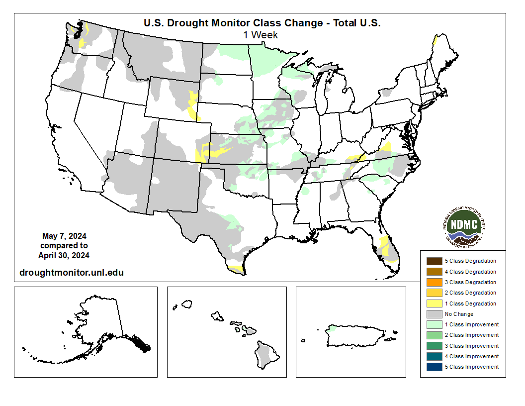 U.S. drought: Improving or not so much? 👀 The yellow areas 🟨 mean conditions worsened in Wyoming, Colorado, Virginia, and Florida. The green areas 🟩 mean conditions improved in the Midwest, central and northern Plains, and North Carolina. For more → bit.ly/USDM05072024