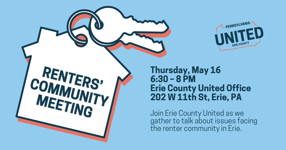Join us next Thursday at 6:30 PM for our Renters' Community Meeting! We will be discussing our renting experiences and ways to build power as renters. Register here: mobilize.us/paunited/event…