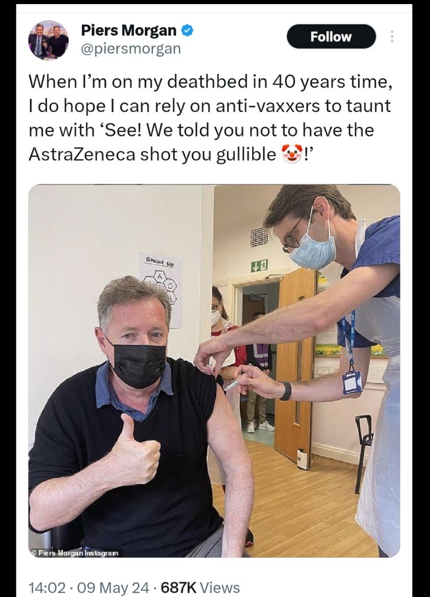Piers Morgan used his celebrity status to coerce and shame people into taking the vaccine. In October 2021 he condemned 'anti-vaxxers' as 'selfish pricks' that 'should be thrown in caves'. Even though AstraZeneca announced the withdrawal of their Covid 19 vaccine yesterday,…