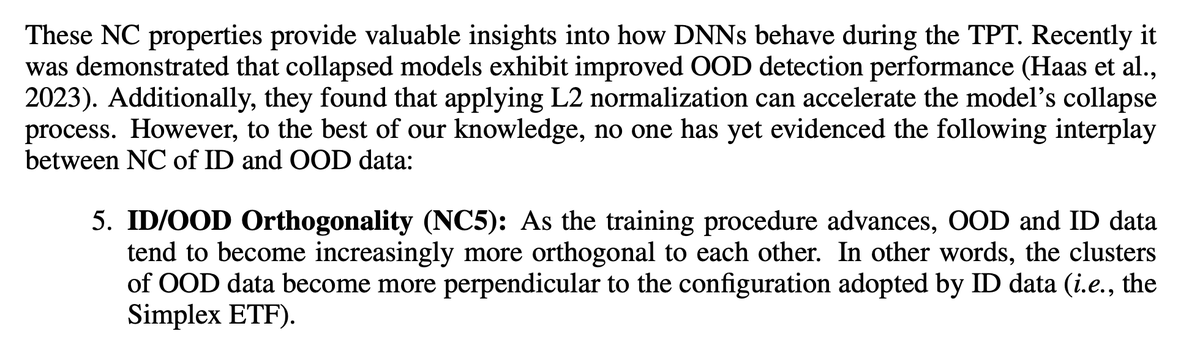 XYHan_'s tweet photo. What if  you pass out-of-distribution data into NNs showing neural collapse? How's that useful?

Turns out, the out-of-distribution data become orthogonal to in-distribution data & you can then use that to detect those OOD points.