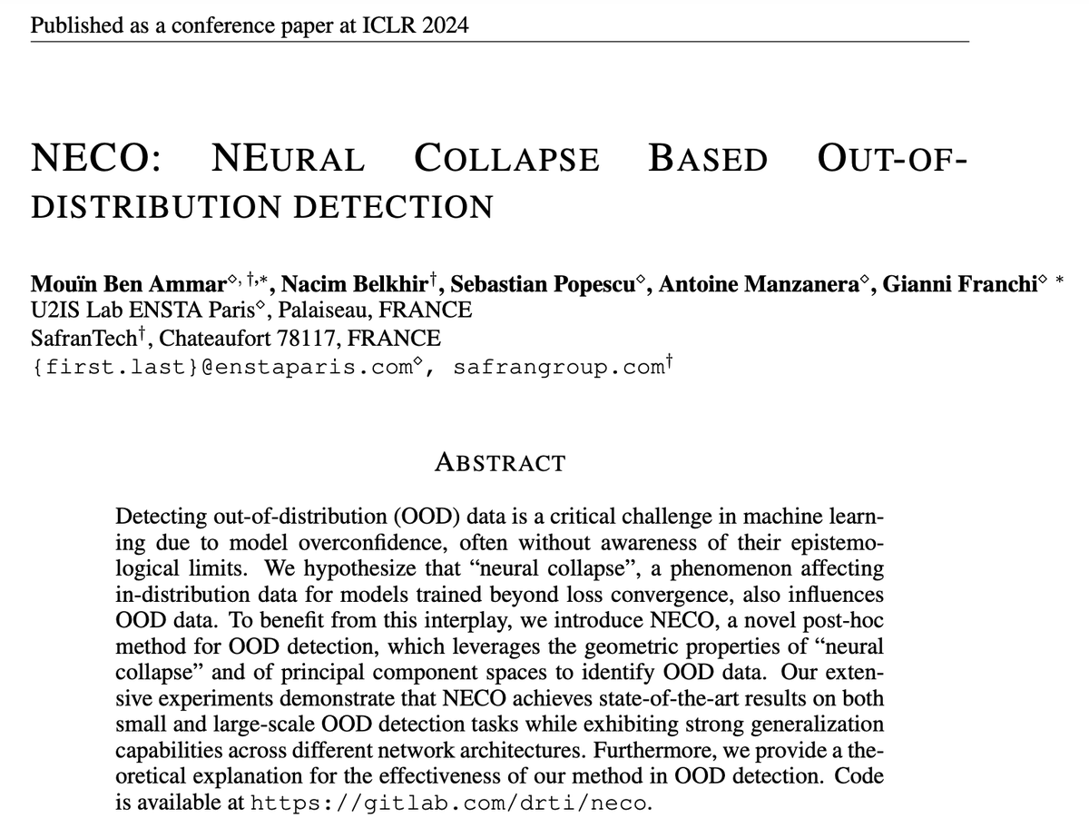 XYHan_'s tweet photo. What if  you pass out-of-distribution data into NNs showing neural collapse? How's that useful?

Turns out, the out-of-distribution data become orthogonal to in-distribution data & you can then use that to detect those OOD points.