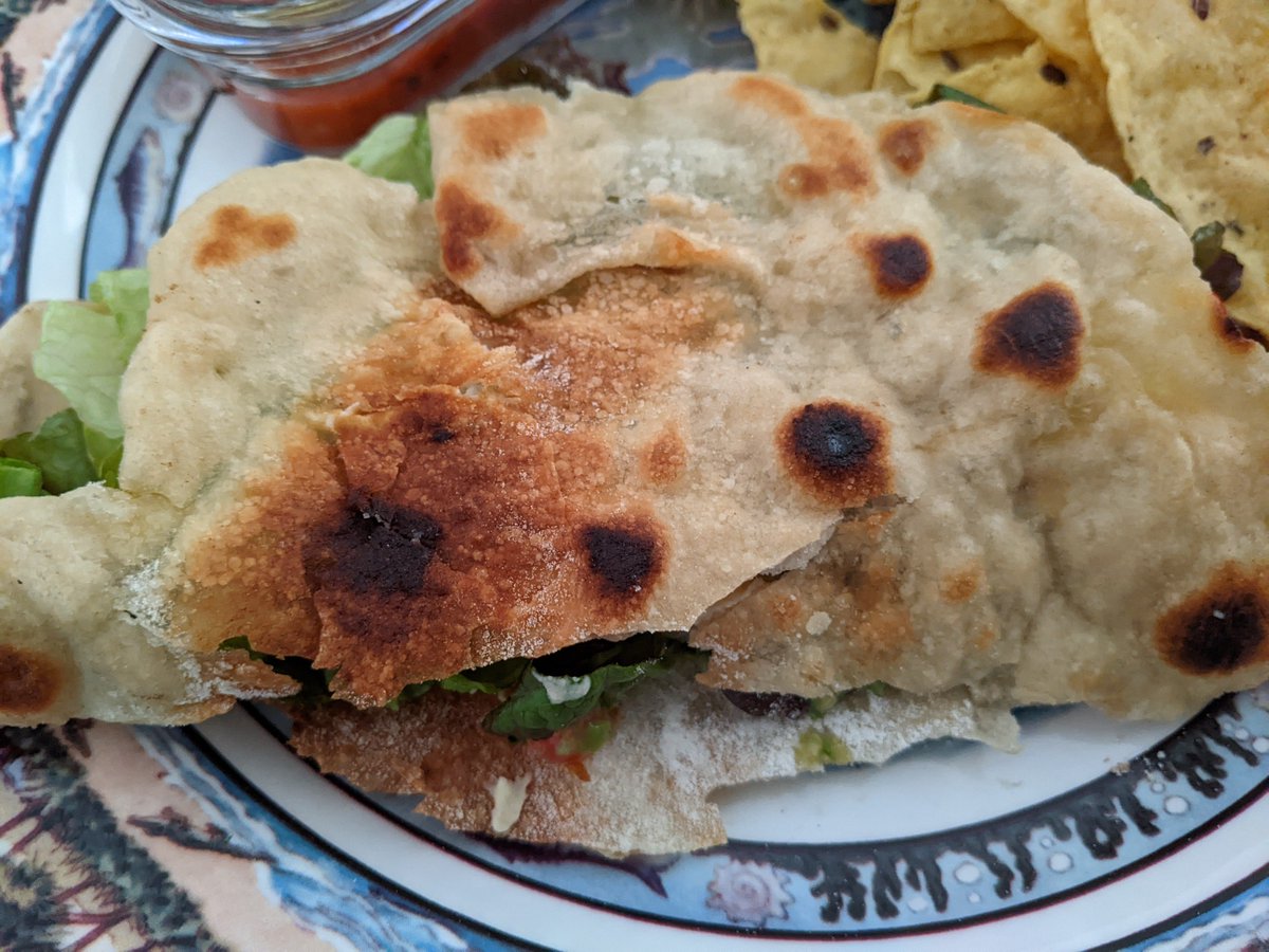 The first tortilla is like the first pancake, always comes out odd.  Made it too thin in the middle, but nonetheless it was delicious.

#twittersupperclub