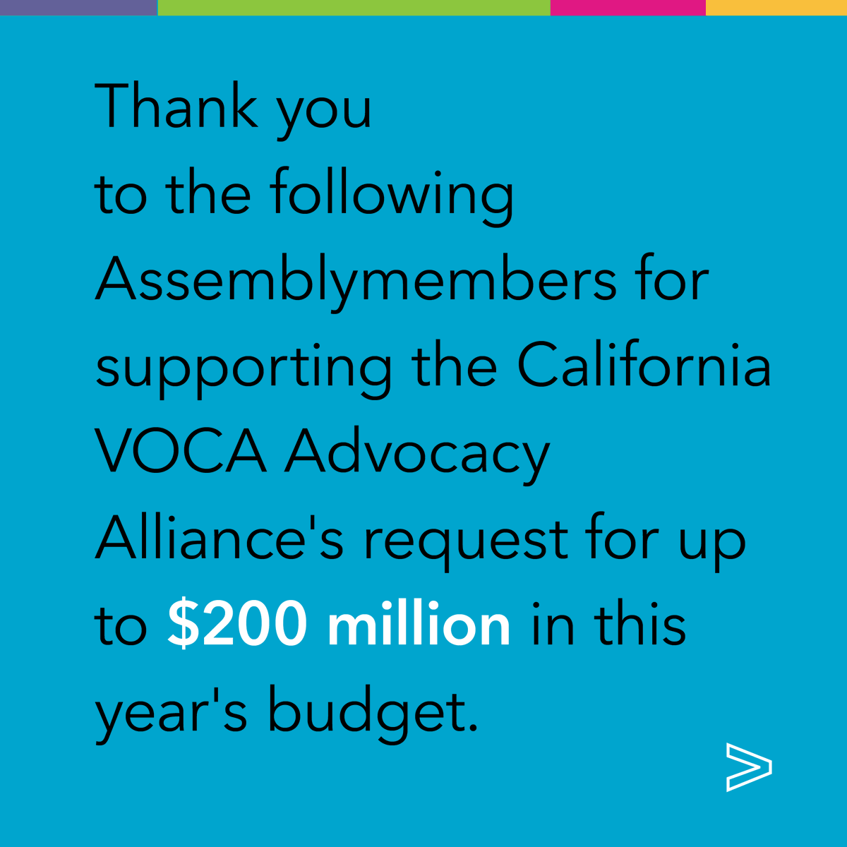 Even during a tough budget year, the California Assembly is stepping up and demanding funding for crime victim services in the #CABudget. Thank you to the 44 Assemblymembers who have joined the call to include $200 million in this year's budget to support survivors of crime.