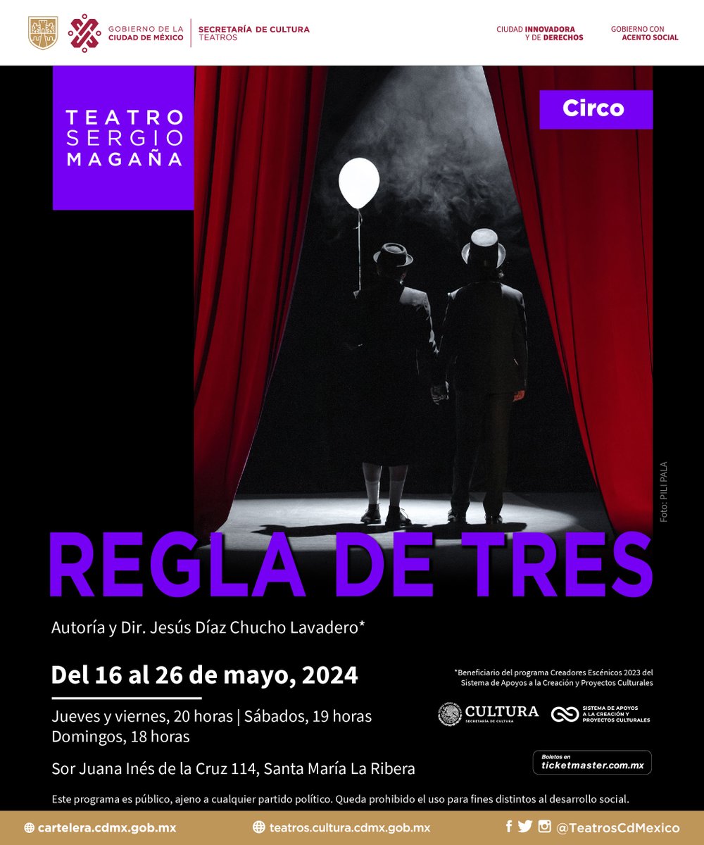 El clown y las artes circenses se harán presentes en el #TeatroSergioMagaña con #ReglaDeTres. Una emotiva mirada de la relación entre un padre, un payaso retirado, y su hijo, en esta historia sobre el sentido de la vida. Disfrútala del 16 al 26 de mayo. 🎟️ bit.ly/3U2T7yT