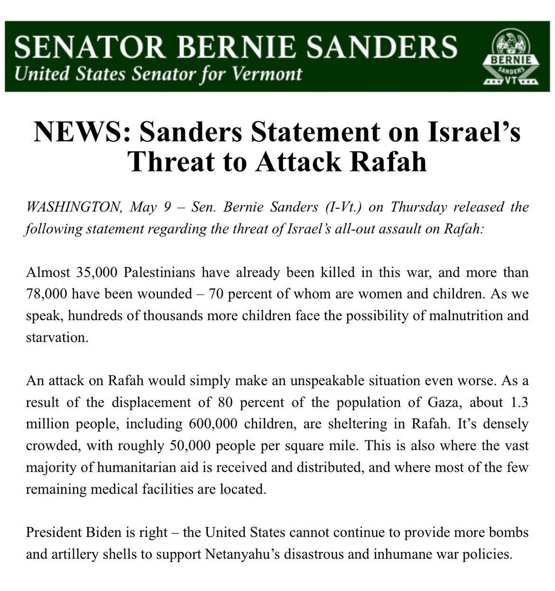 An attack on Rafah would simply make an unspeakable situation even worse. President Biden is right – the United States cannot continue to provide more bombs and artillery shells to support Netanyahu’s disastrous and inhumane war policies.