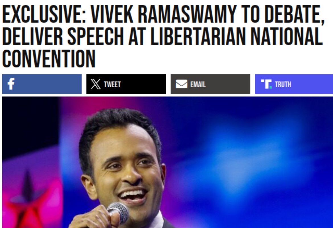 A historic @LPNational Convention. Trump, RFK, and now Vivek. This is fantastic. If you oppose this, I’m sorry, you don’t have the party's interest in mind and do not want our ideas to spread.