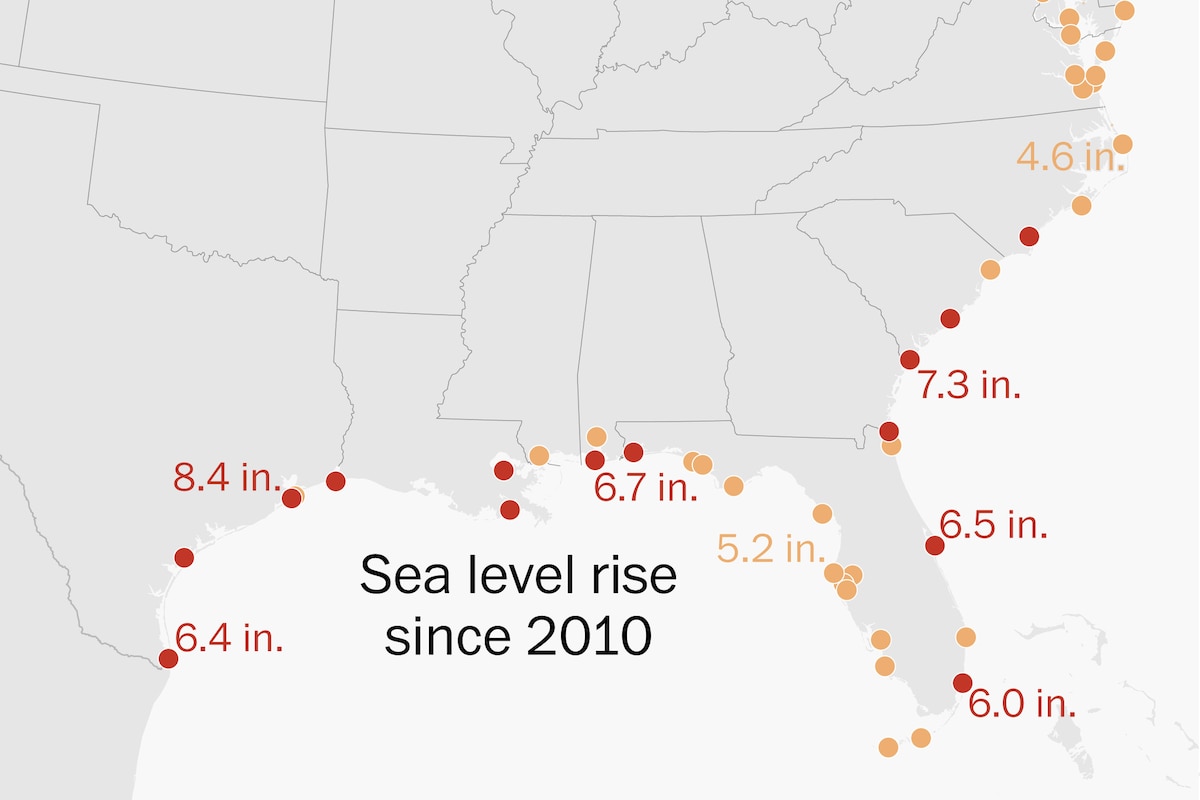 #GulfCoast sea levels are rising at alarming rates. #WHOI scientist @chrispiecuch says the frequency of flooding across the region wouldn't have happened two decades ago.

📲 Take a tour of the impacts with @washingtonpost (subscription required): go.whoi.edu/Southern-Sea-L…