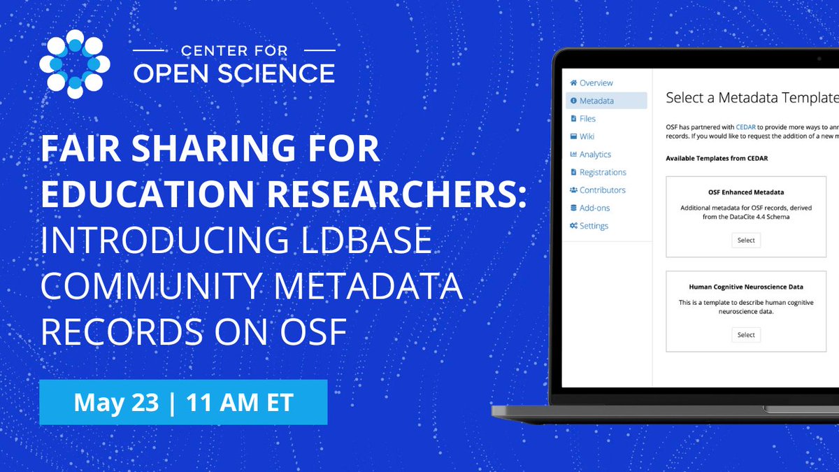 Join our webinar on 05/23 to discover OSF's new feature that simplifies FAIR data sharing for education researchers. Hear from @LDbaseRepo metadata specialists and OSF representatives as they demonstrate practical strategies and best practices. Register: cos-io.zoom.us/webinar/regist…