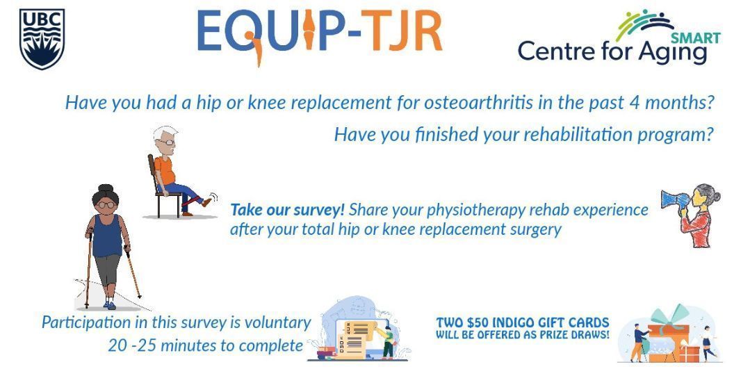 A UBC research team, led by Dr. Marie Westby is studying patient experiences and the quality of care during their rehab after total joint replacement Take the survey here: buff.ly/3WziOdx #totalkneereplacement #totalhipreplacement #osteoarthritis @Aging_SMART @WestbyPT