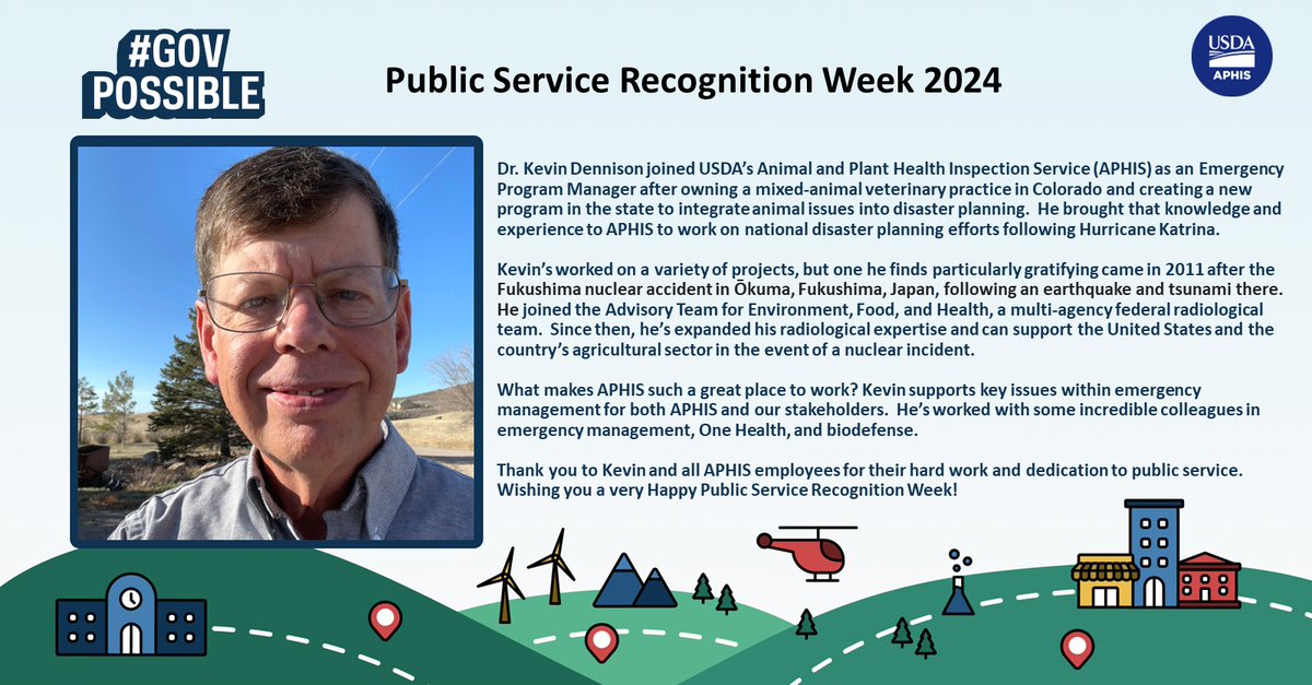 As we celebrate #PSRW, we send our props to Dr. Kevin Dennison, an incredible Veterinary Medical Officer who goes the extra mile in APHIS' Emergency and Regulatory Compliance Services. We can't thank Kevin and all public servants enough for their hard work in making #GovPossible