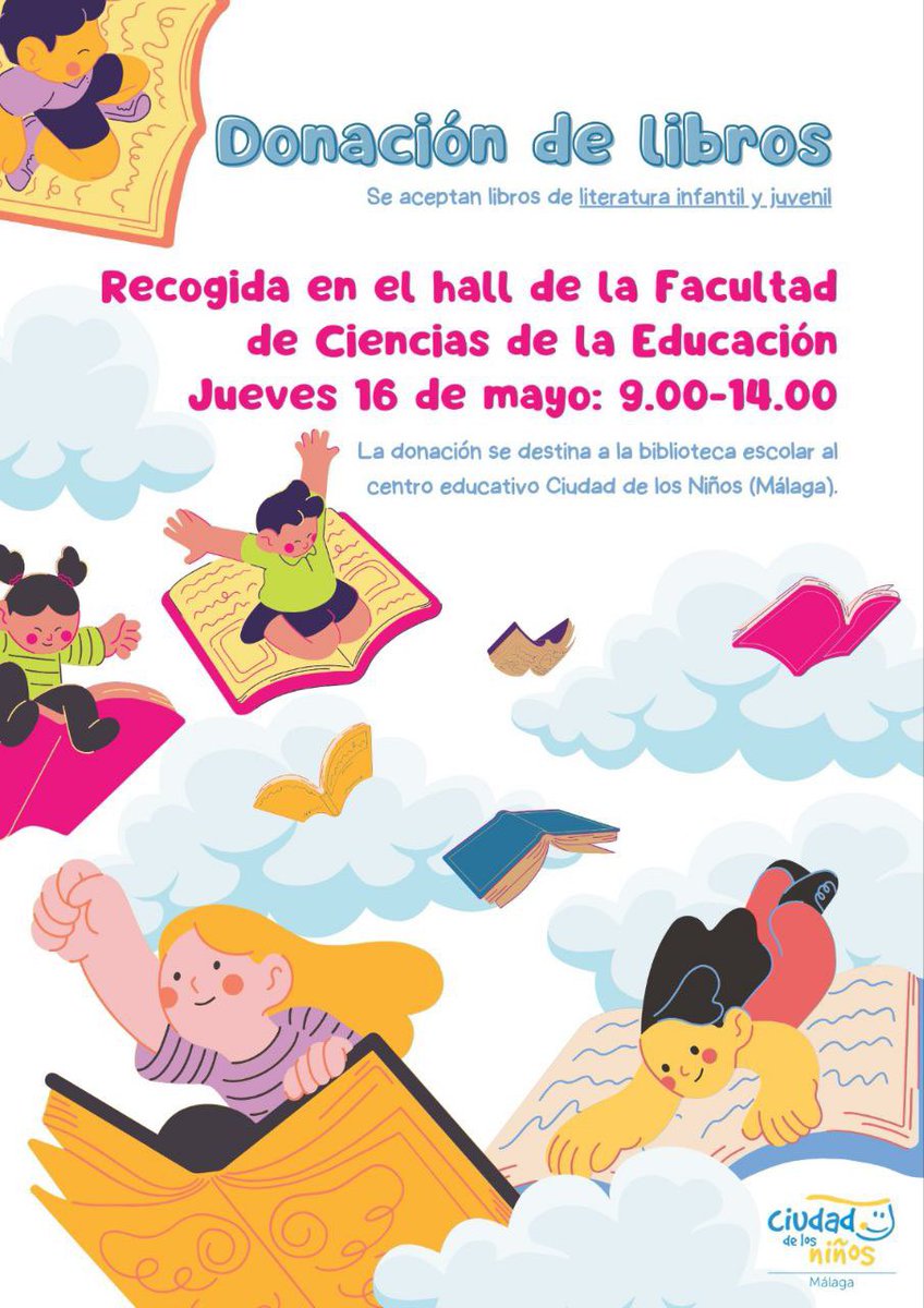 👉 El jueves 16 de mayo se llevará a cabo una recogida de libros infantiles y juveniles en el hall de la Facultad de Ciencias de la Educación destinada a la biblioteca del centro educativo Ciudad de los Niños. 
¡Os animamos a participar llevando algún libro!📚
