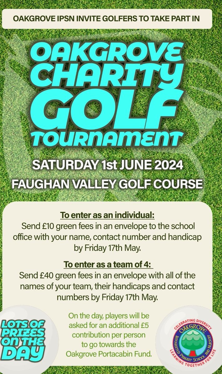Calling All Golfers! 
Come along to our charity golf tournament at Faughan Valley Golf Club. Register to play @OakgroveIPSN before 17th May.
 @OIntegrated @AcademyStrabane @LisnealCollege @foyle_college @SaintMarysDerry @StCeciliasDerry @StJosephsDerry @IEFNI @niciebelfast