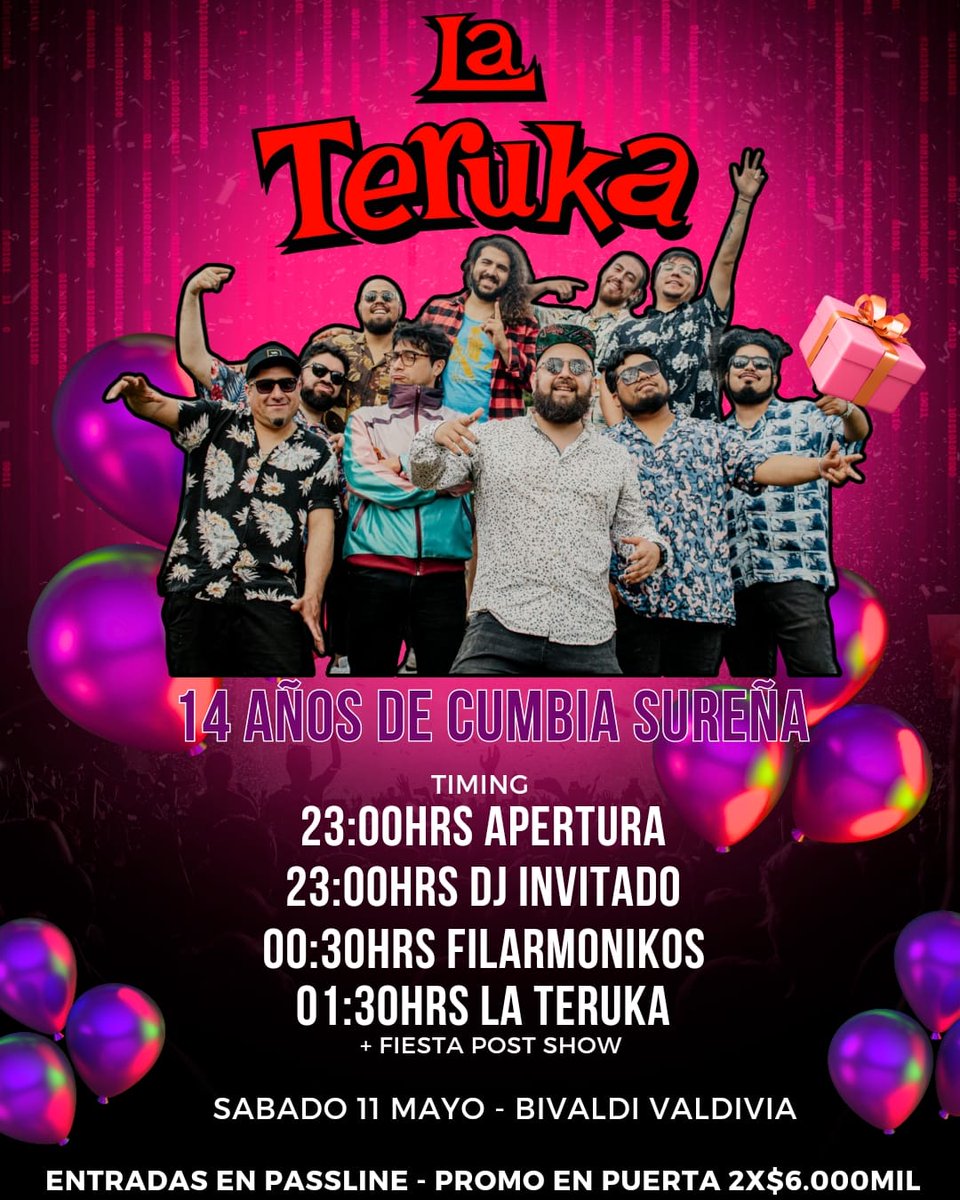 Todos invitados a celebrar el aniversario de La Teruka este sabado 11 de mayo en @bivaldi_oficial (donde estaba Gazgaz), estarán de invitados los @filarmonikos_oficial y la entrada esta disponible via passline.com y en puerta con una promo de 2x$6.000 #Valdiviacl