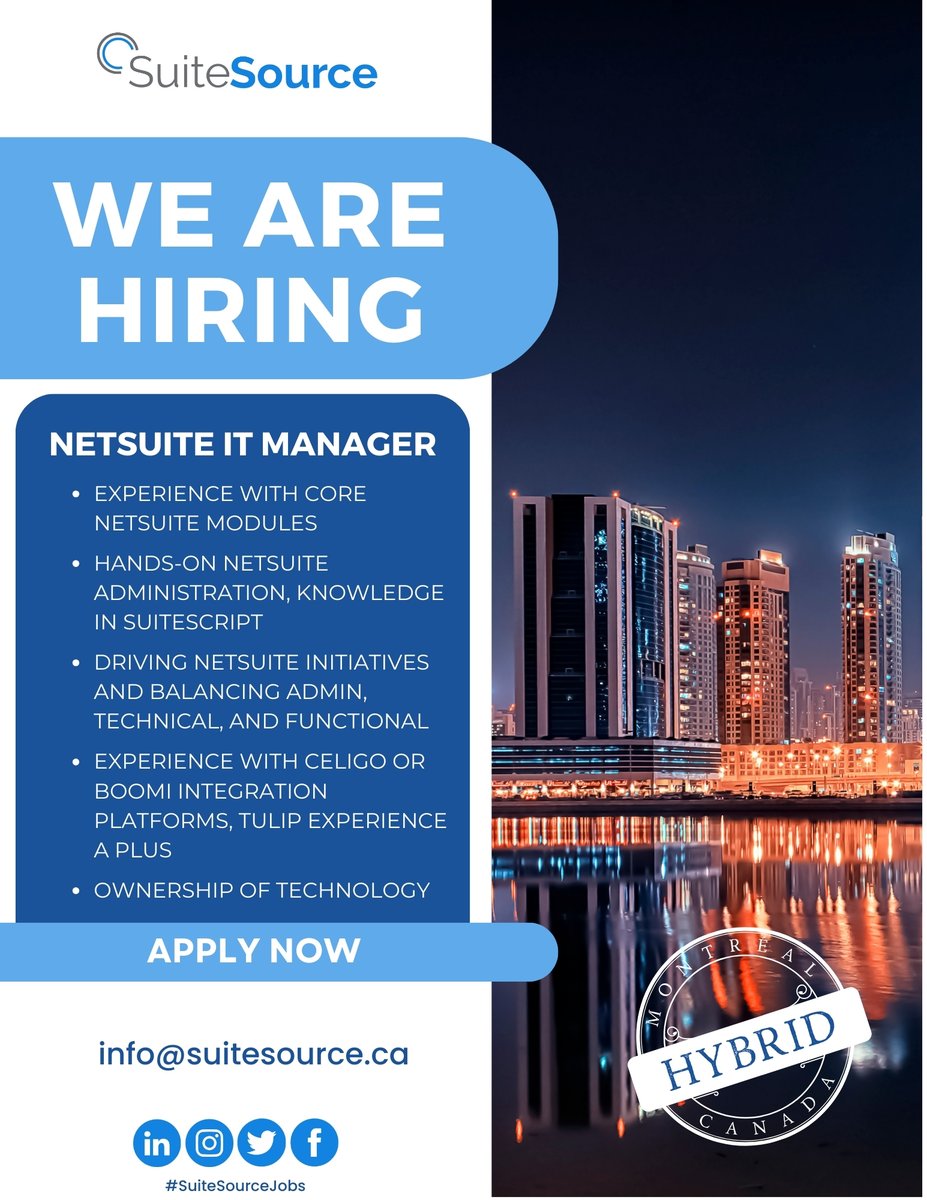Our Client is looking for an experienced #NetSuite It Manager to join their team in this #Hybrid opportunity in #Montreal. Apply by email or visiting our career portal: ow.ly/f0HE50RxxnB? #SuiteSourceJobs #Hiring #Apply #Applynow #Opportunity